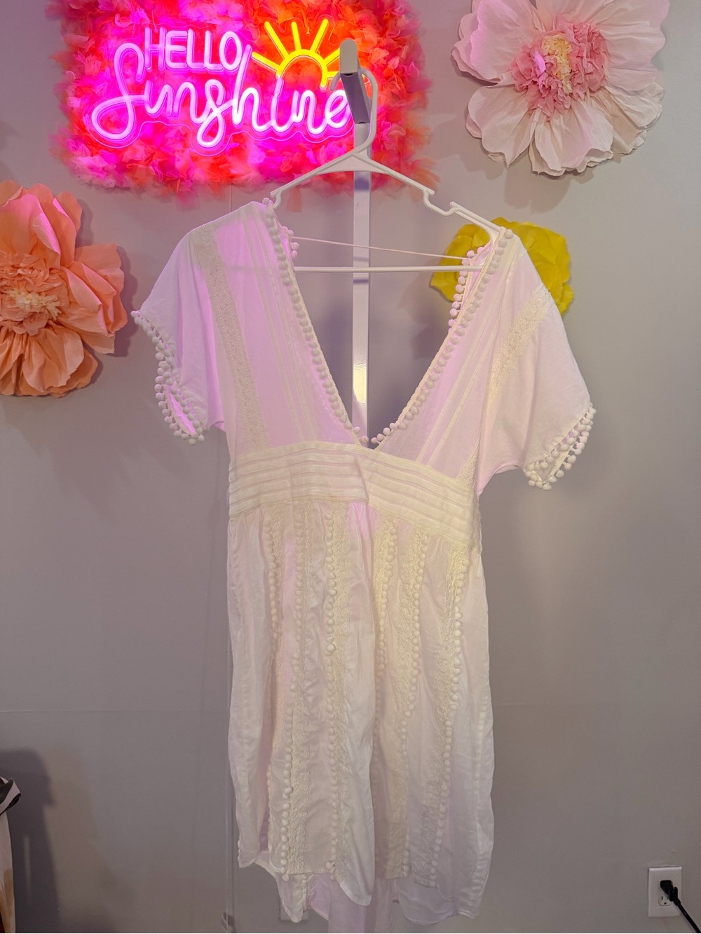 White Pom-Trim V-Neck Chemise - Women Intimates